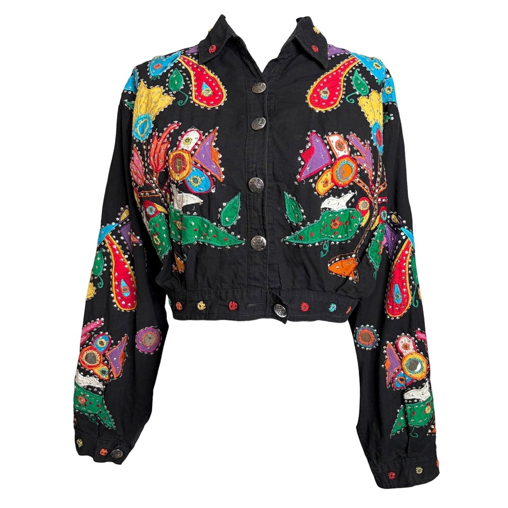 90s Jagswear Jacket L Black Paisley Floral Sequin Cropped Selena Quintanilla